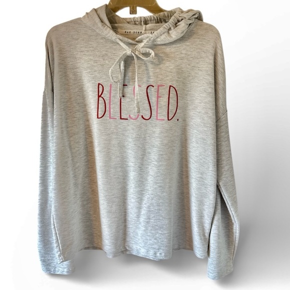 Rae Dunn Tops - Rae Dunn Blessed Hoodie Sweatshirt Heather Gray Red Script Drawstring Small